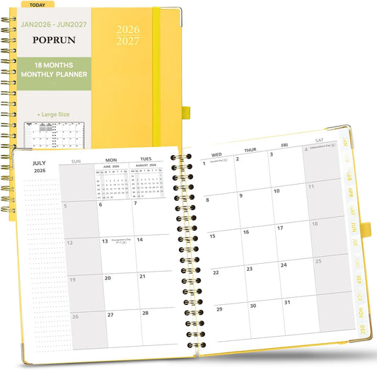 POPRUN Monthly Planner 2026-2027 Spiral Hardcover (8'' x 10''), 18 Months Calendar (Jan.2026-Jun.2027) - 2 Pages per Month with Dotted Note Pages, Sunday Start, Laminated Tab - Light Yellow