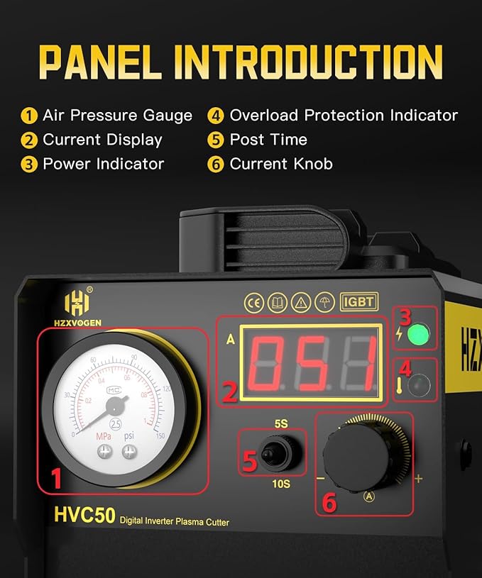 H HZXVOGEN Plasma Cutter, 50A Portable Plasma Cutter with Post Flow, 110/220V Dual Voltage Digital Display DC IGBT Inverter HF Air Plasma Cutting Machine, 1/3 inch Clean Cut for Beginners DIY(HVC50)