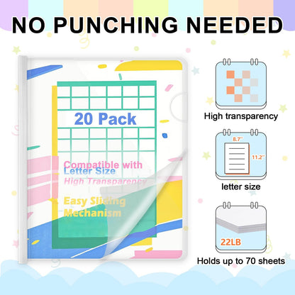 TOTiyea 20 Pack Clear Report Covers with Sliding Bars, 9mm (70 Sheet Capacity) White Sliding Bar File Folders, for Letter Size