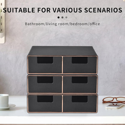 Linen Leather Desk Organizer and monitor stand with Drawers－Mini Desktop Drawer Organizer Stackable－Tabletop Organization Storage Box for Office Supplies Home Vanity Toiletries (Black, 2-drawers)
