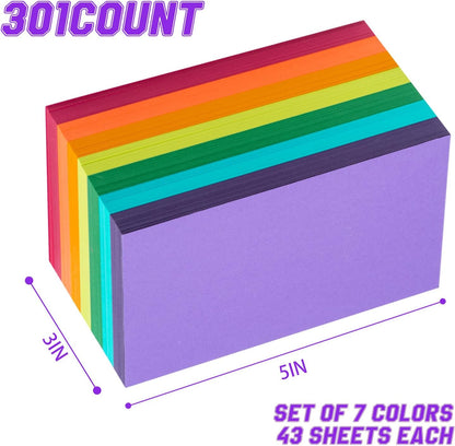 Index Cards 301-Count 3x5 Inch,178GSM Heavyweight Set of 7 Colors Paper Multicolor Study Cards (Rainbow)