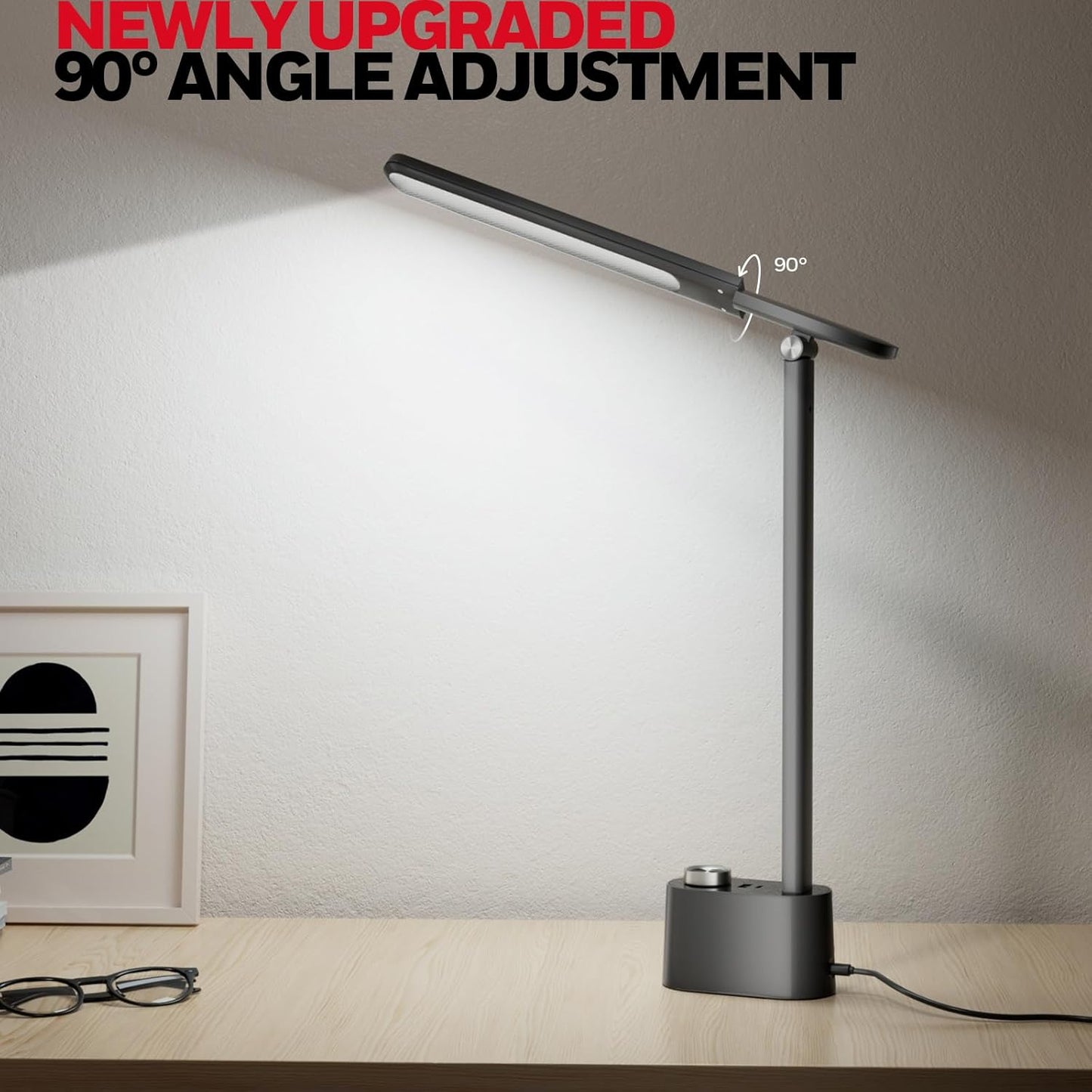 Honeywell Upgraded LED Desk Lamp - H01 Pro Sunturalux™ Foldable Desk Light with USB A+C Charging Ports, 3 Color Modes Dimmable Table Lamp for Home Office Reading(Black)