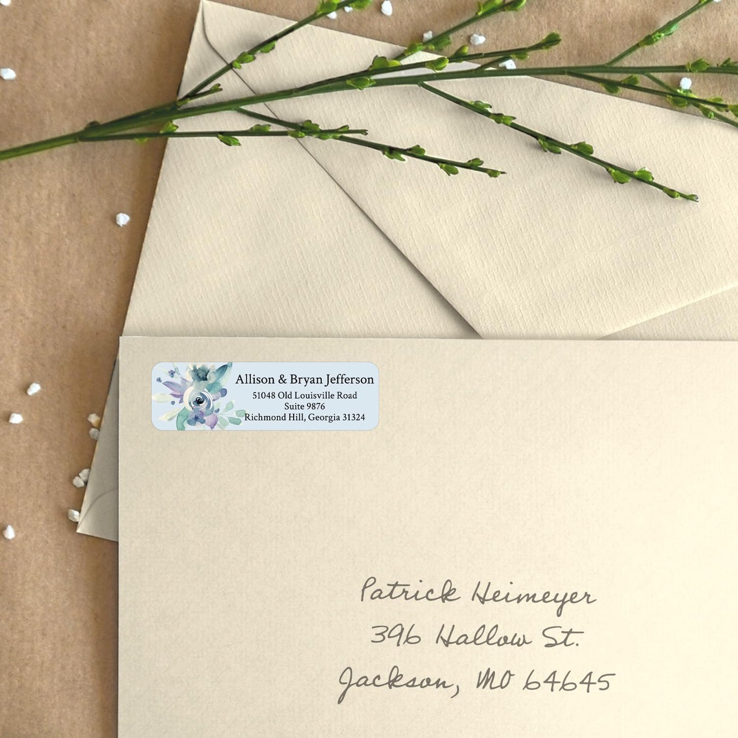 Blue Watercolor Floral Rolled Address Labels / 250 Personalized Return Address Labels/Designer Address Stickers in Elegant Plastic Dispenser