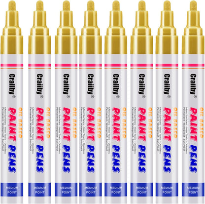 Gold Paint Markers, 8 Pack Oil-Based Waterproof Quick Dry Permanent Paint Pen Set for Rocks Painting, Wood, Fabric, Plastic, Canvas, Glass, Mugs, Metal, Tire, Stone, DIY Craft, Copper