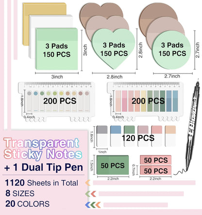 Transparent Sticky Notes,1120 Sheets Clear Sticky Notes with Pen, Waterproof Annotation Kit, Self-Adhesive Translucent Writable Index Tabs for Annotation Books, Bible Journaling Study Office School