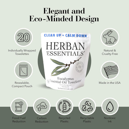 Herban Essentials - Eucalyptus Wipes & Towelettes - Essential Oil Wipes for Hands & Body - Travel Size Essentials and Toiletries - Natural, Individually Wrapped, Disposable & Moist Refresh (20 count)