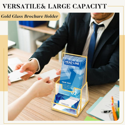2 Pcs 4 Inches Gold Glass Brochure Holder Countertop Literature Trifold Pamphlet Stand with Business Name Card Holder Flyer Brochure Display for Magazine, Booklets, Menu, Journals Display