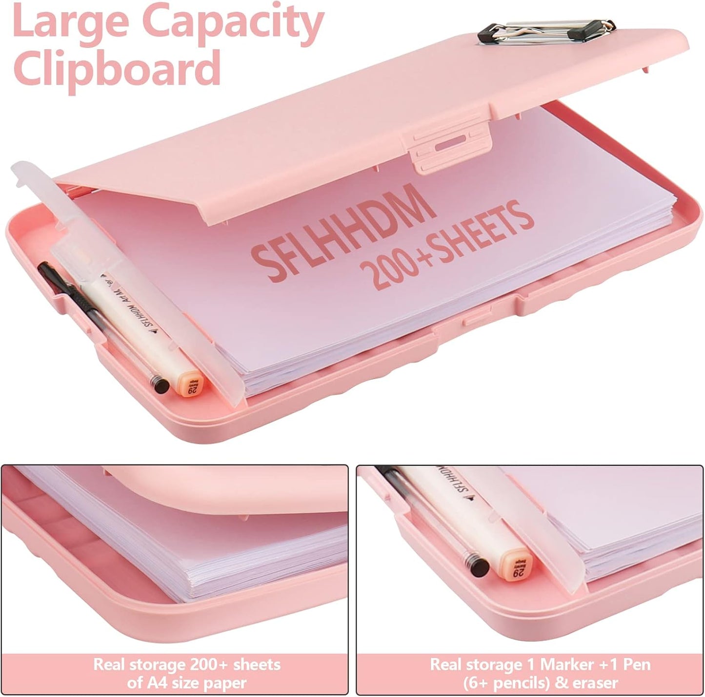 Clipboard with Storage,A4 Binder Nursing Clipboards with Pen Holder,Heavy Duty Storage Clipboard with Low Profile Clip, Clipboards Folder Side-Opening Clip Boards,Smooth Write Clip Board (Light Pink)