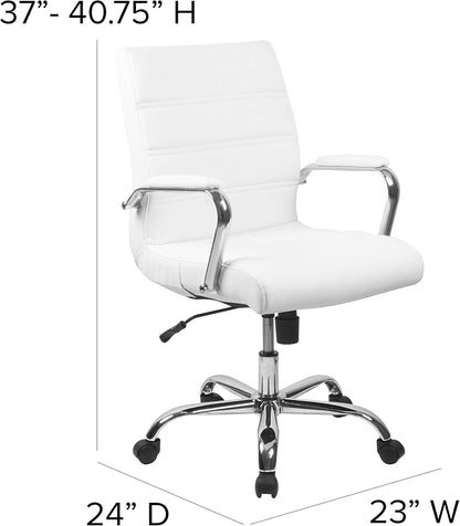 Flash Furniture Whitney Mid-Back Swivel LeatherSoft Desk Chair with Padded Seat and Armrests, Adjustable Height Padded Office Chair, White/Chrome