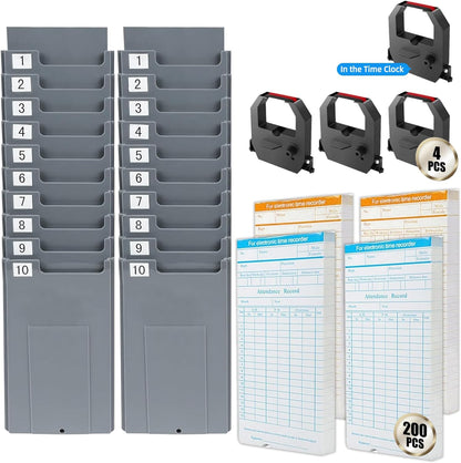 Time Clock Bundle for Small Business, Passcode Time Clock Punch Machine with 200 Time Cards, 4 Ink Ribbons, 2 Ten-Slot Time Card Racks, Auto-Align Clock in Machine for Employees