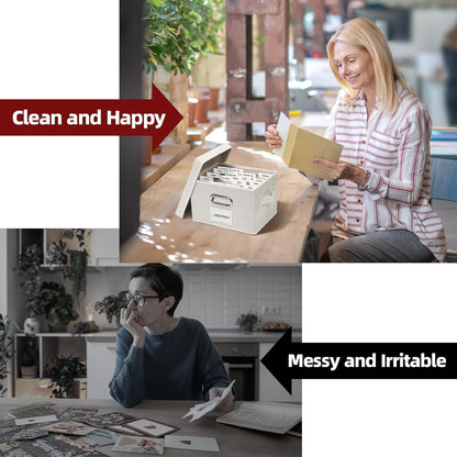 Greeting Card Storage Box, Linen Storage Box with 32 Adjustable Dividers, 168 Labels, 2 Marker Pen, Perfect for Organizing Greeting Cards, Envelopes, Photos 2 Pack Ivory