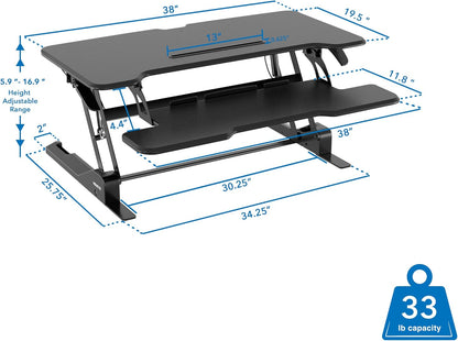 Mount-It! Height Adjustable Standing Desk Converter, 38” Wide, Stand Up Desk Riser for 2 Monitors, Manual Gas Spring Desktop Raises to 16.9", Fits Two Monitor Screens with Keyboard Mouse Tray in Black