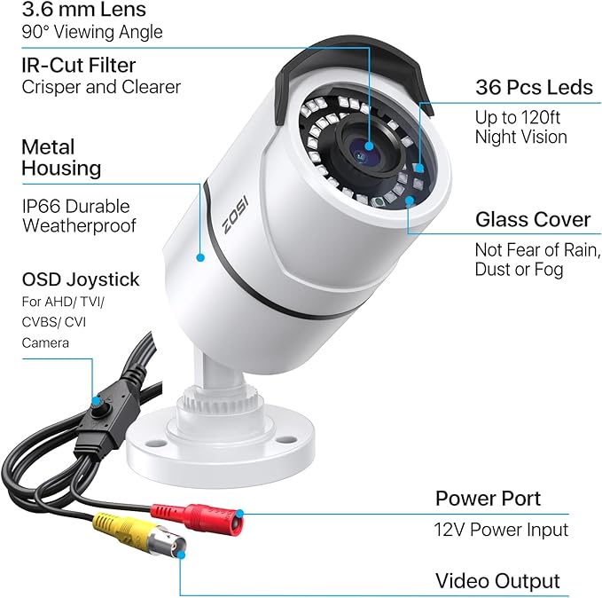 ZOSI 1080p CCTV Security Camera, 4-in-1 TVI/CVI/AHD/CVBS Bullet Cameras, IP66 Weatherproof, 36PCS IR LEDs, 120ft Night Vision, Aluminum Metal Housing, Work for 1080P Home Surveillance Analog DVR