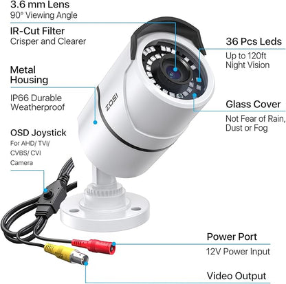 ZOSI 1080p CCTV Security Camera, 4-in-1 TVI/CVI/AHD/CVBS Bullet Cameras, IP66 Weatherproof, 36PCS IR LEDs, 120ft Night Vision, Aluminum Metal Housing, Work for 1080P Home Surveillance Analog DVR