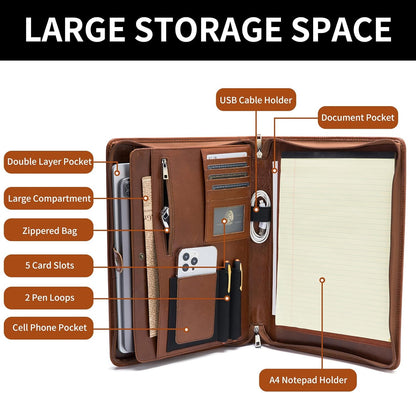 Genuine Leather Portfolio, Legal Size 8.5 x 14 Pad Holder, Business Padfolio for Men and Women, Zippered Laptop Organizer, Executive Professional Work Travel Notepad Folio, Brown, Oil Tanned