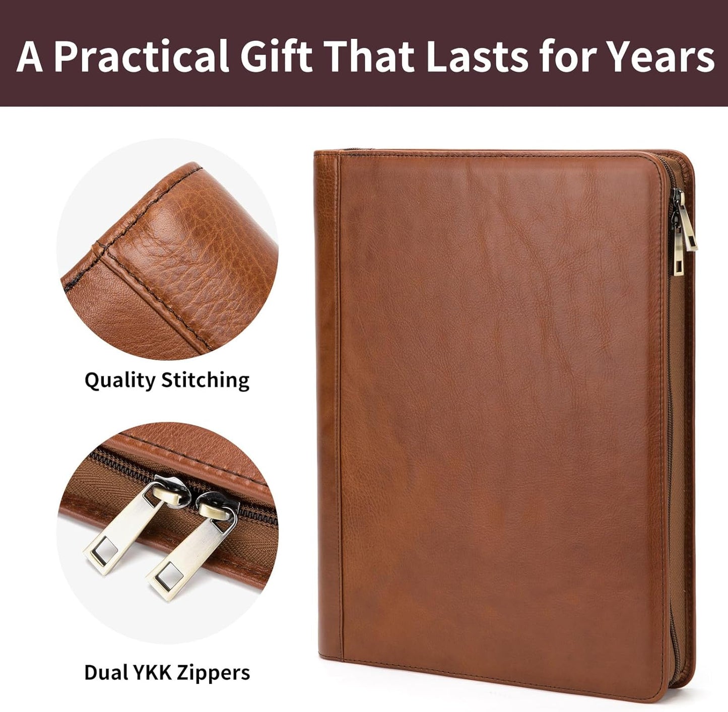 Genuine Leather Portfolio for Women and Men, 8.5 x 11 Legal Pad Padfolio, Zippered Notebook Organizer for 13” Laptop, Business Executive Professional Folio for Work, Brown, Oil Tanned