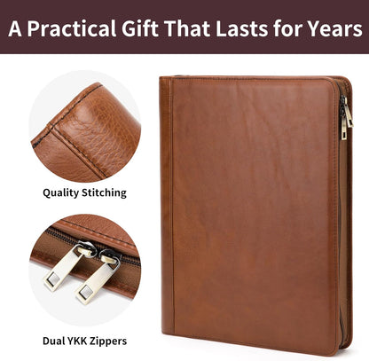 Genuine Leather Portfolio for Women and Men, 8.5 x 11 Legal Pad Padfolio, Zippered Notebook Organizer for 13” Laptop, Business Executive Professional Folio for Work, Brown, Oil Tanned
