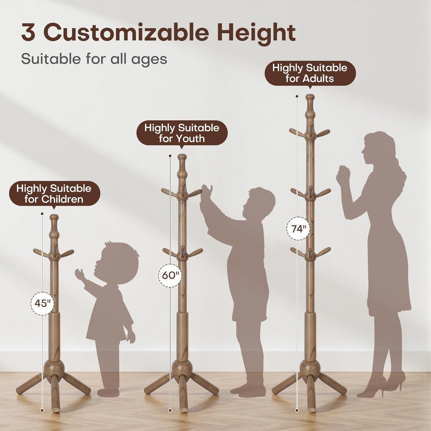 Wooden Coat Rack Stand - Coat Rack Freestanding with 9 Hooks, Adjustable Height, Clothes Hat Organizer, Heavy Duty Coat Hanger Stand for Bedroom, Entryway, Hallway, Office, Dorm, Walnut