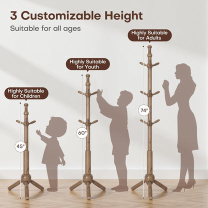 Wooden Coat Rack Stand - Coat Rack Freestanding with 9 Hooks, Adjustable Height, Clothes Hat Organizer, Heavy Duty Coat Hanger Stand for Bedroom, Entryway, Hallway, Office, Dorm, Walnut
