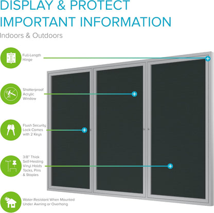 Ghent 36"x72" 3-Door Outdoor Enclosed Vinyl Bulletin Board, Shatter Resistant, with Lock, Satin Aluminum Frame - Ebony (PA33672VX-183), Made in the USA