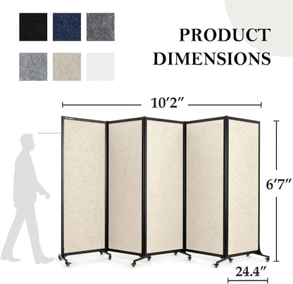 Upgrade Version Room Partition and Divider, Freestanding Rolling Dividers with Wheels,Office Privacy Screen Divider Wall,Classroom Felt Dividers,10'6"L* 6'7"H,5 Panel,Beige