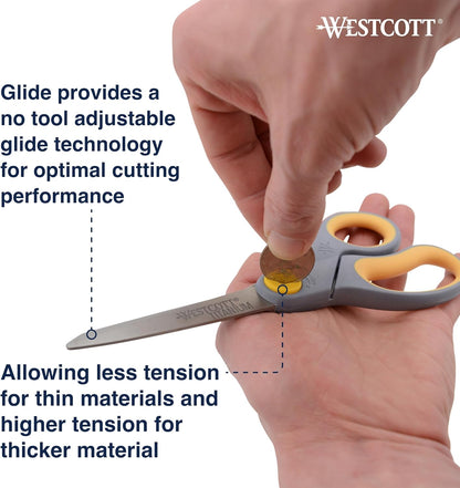 Westcott 8-Inch Titanium-Bonded Scissors with Adjustable Glide Feature for Office and Home - Gray/Yellow, 2-Pack
