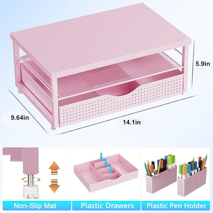 gianotter Wood Monitor Stand Riser, Desk Organizer with Drawer and 2 Pen Holders, 2-Tier Workspace Organizer for Office Supplies(Pink Wood)