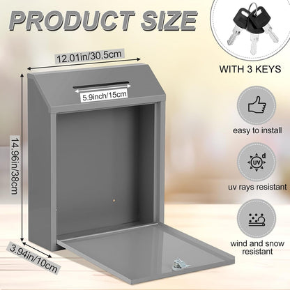 Metal Donation Cash Box Collection Safe Suggestion Box with Lock Wall Mounted Mailbox Delivery Ballot Container for Home Office Outdoor Door(Grey,15 x 12 x 4 Inch)