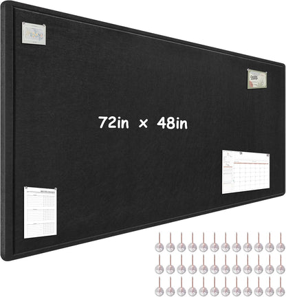 Large Bulletin Board - 72 x 48 Inches, Foldable Decorative Felt Board for Wall Photo Display Board with Self-Adhesive Tape, Includes 36 Push Pins - Black