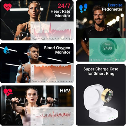 Health Tracker Ring, Smart Health Ring for Women Men with Heart Rate, Blood Oxygen, Sleep Monitor, Steps,Calories, No Subscription Fee, IP68 Waterproof Smart Ring for iPhone & Android (Gold, 14#).