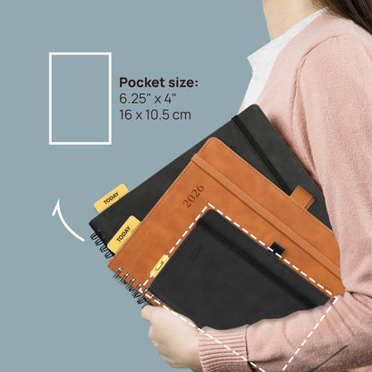 POPRUN 2026 Planner Weekly Notebook (Jan-Dec), Small Size 4''x 6.25'' - 2026 Pocket Calendar for Purse with Spiral Soft Cover, Plastic Ruler, Inner Pocket, 100 GSM - Lilac