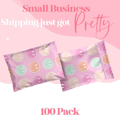 10x13 Designer Poly Mailer 100 Pack Heavy Duty Waterproof Self Seal Shipping Bags for Small Business Large Mailing Envelopes Bulk Tear Resistant Cute Packaging Smiley Face