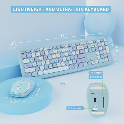 Wireless Keyboard and Mouse Combo, Colorful Ergonomic Full Size Retro Low-Noise Keyboard with Cute keycaps, Compatible with Windows, PC, Perfer for Home and Office Keyboards (Blue)
