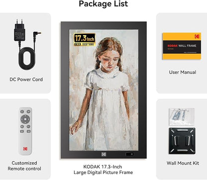 KODAK 17.3" X-Large WiFi Digital Picture Frame - 1920x1080 FHD IPS Display with 32GB Storage, Auto-Rotate, Remote Control, Wall Mountable, Compatible with Alexa, for Family