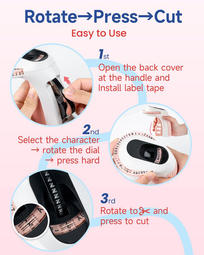 Zodzi Embossing Label Maker Machine with Tapes,Vintage Embossed Label Maker,Retro Label Makers,Old School Manual Embosser with 3 Rolls 3D Embossing Tapes for Nail Swatch Sticks/Office/Home - Pink