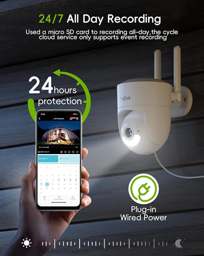 5G/2.4G Security Camera Outdoor, 24/7 Recording Wired Cameras for Home Security, Plug-in Power, 360° PTZ, Auto Tracking, Color Night Vision, IP66 Waterproof, SD/Cloud Storage, White-2 Packs