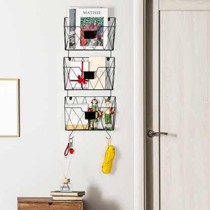 Hanging File Holder Wall File Organizer Holder, 6 Pockets Wall Mount Vertical Magazine Rack with Hooks for Office Home, Black