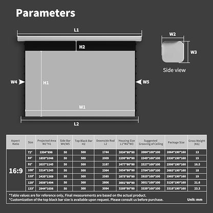 QuadraArc Motorized Drop Down Projector Screen 16:9 Gray Fabric, Wall & Ceiling Mount, Electric Pull Down Screen with Remote Control, Compatible with All Projectors 92"