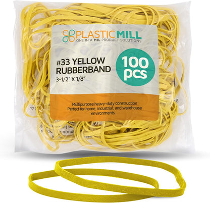 Plastic Mill Rubber Bands Thick Size #33 | Yellow Durable RubberBands 100 Count /pack | 3 1/2 x 1/8" Multi-Purpose Band | Elastics large Long Rubber for Office Supply, File Folders, box, Books, gifts, Notebook|