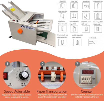 Automatic Paper Folding Machine Digital Electric Document Folder Electronic Counter with 4 Folding Plates 262ft/min Z-Fold, Half-fold, Letter Fold for Manuals Document