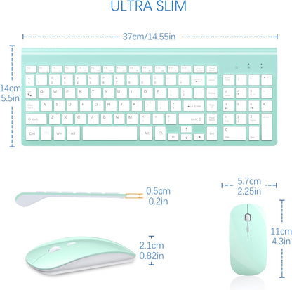 Wireless Keyboard and Mouse Ultra Slim Combo, TopMate 2.4G Silent Compact USB 2400DPI Mouse and Scissor Switch Keyboard Set with Cover, 2 AA and 2 AAA Batteries, for PC/Laptop/Windows/Mac - Mint Green