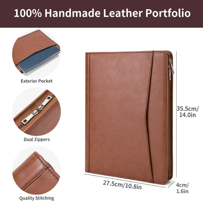 Personalized Vegan Leather Portfolio with Front Pocket for Men Women, Custom 8.5 x 11 Legal Pad Notepad Holder, Zippered Business Organizer, Professional Work Folder, Brown
