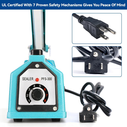Sealer Pro, Patented 12inch Impulse Heat Bag Sealer, 7mm Sealing Width Poly Bag Seal Machine, 2 Replacement Kits 2 Fuses Included, Blue