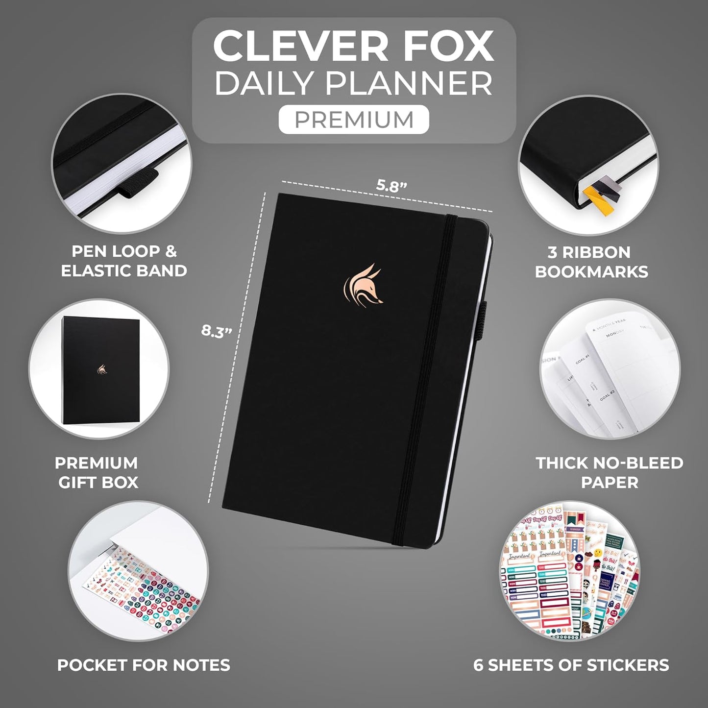 Clever Fox Planner Daily Premium – Undated Daily Planner with Hourly Schedule, Personal Organizer, Productivity Journal, 6 Months (Black)