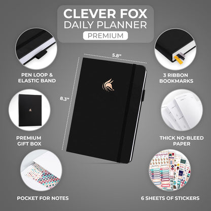 Clever Fox Planner Daily Premium – Undated Daily Planner with Hourly Schedule, Personal Organizer, Productivity Journal, 6 Months (Black)
