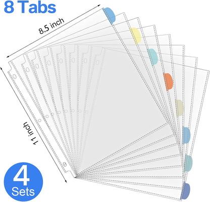 ReliThick 4 Set of 32 Pack Clear Binder Sheet Protectors with Tabs for 3 Ring Binder 8 Tab Binder Dividers with Pockets and Tabs Plastic Page Protector Insertable Index Divider, 8.5 x 11 Inch