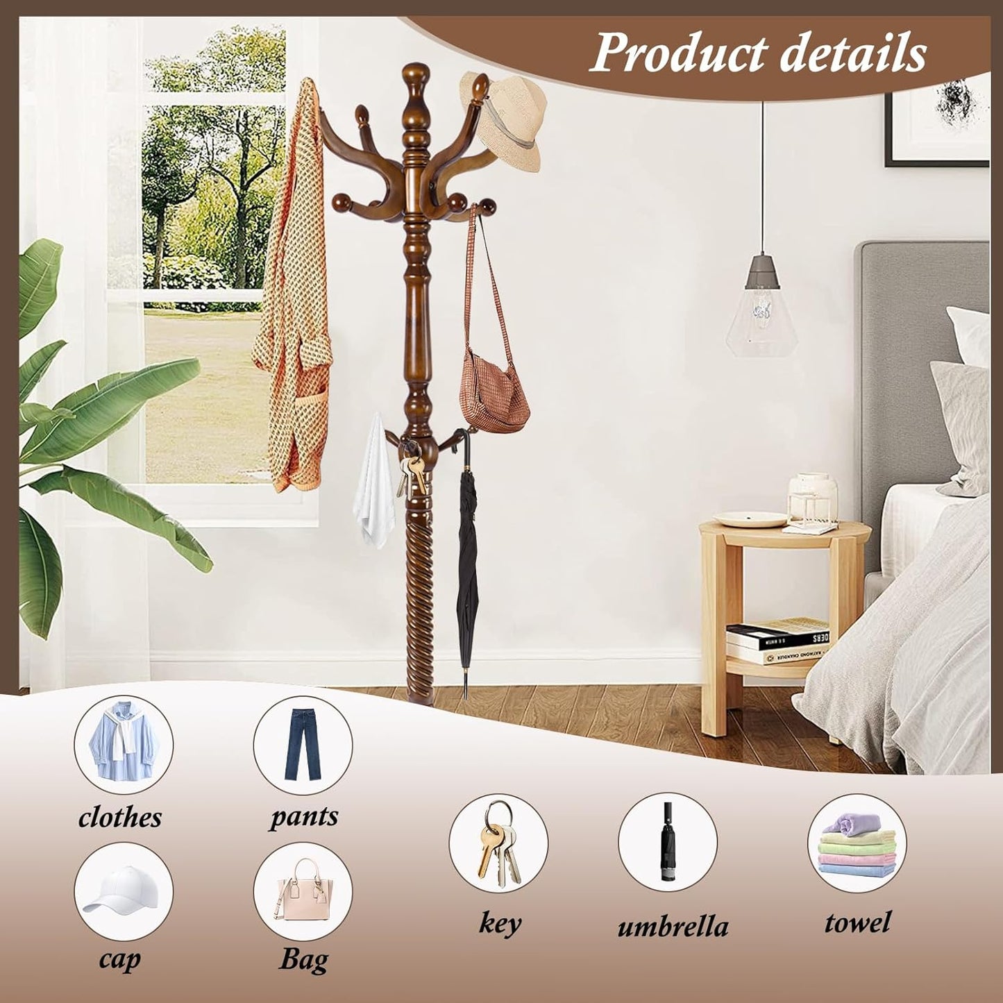 Wooden Coat Rack Freestanding, Vintage Coat Racks with Sturdy Round Base, Adjustable Height 37.40"-72.83" Entrance Coat Rack for Bedroom Living Room Entryway (Vintage Circular)