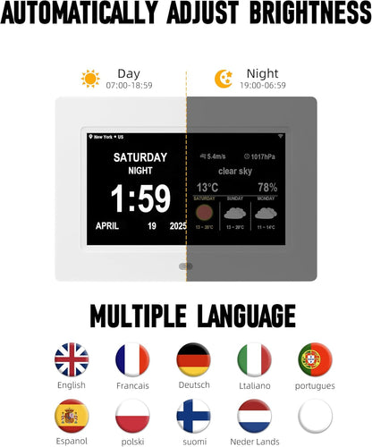 WiFi Digtial Wall Clock,Desk Clock with Weather Temperature Humidify,10 Day Weather Forecast,Weather Station with Digital Calendar and Dementia Alarm clockx for Seniors.(Whith, 7 inches)
