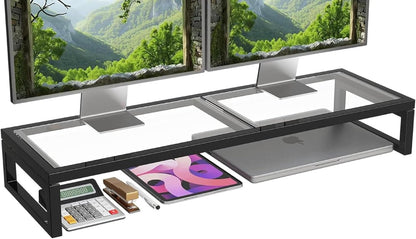 Simple Trending Dual Monitor Stand Riser, Tempered Glass Computer Desk Organizer with Mouse Pad for Laptop, iMac, TV, Black