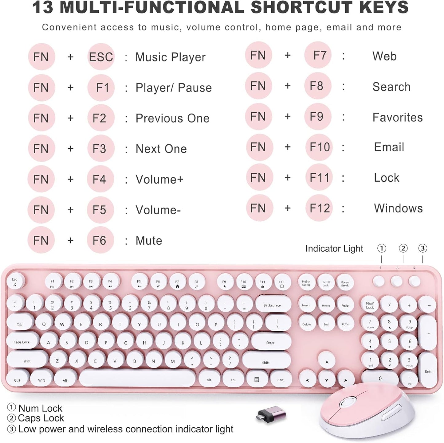 Wireless Keyboard and Mouse Combo, Ergonomic Full Size Typewriter Retro Round Keycaps Keyboard, Compatible with Windows, PC, Perfer for Home and Office Keyboards (Lovely Pink)